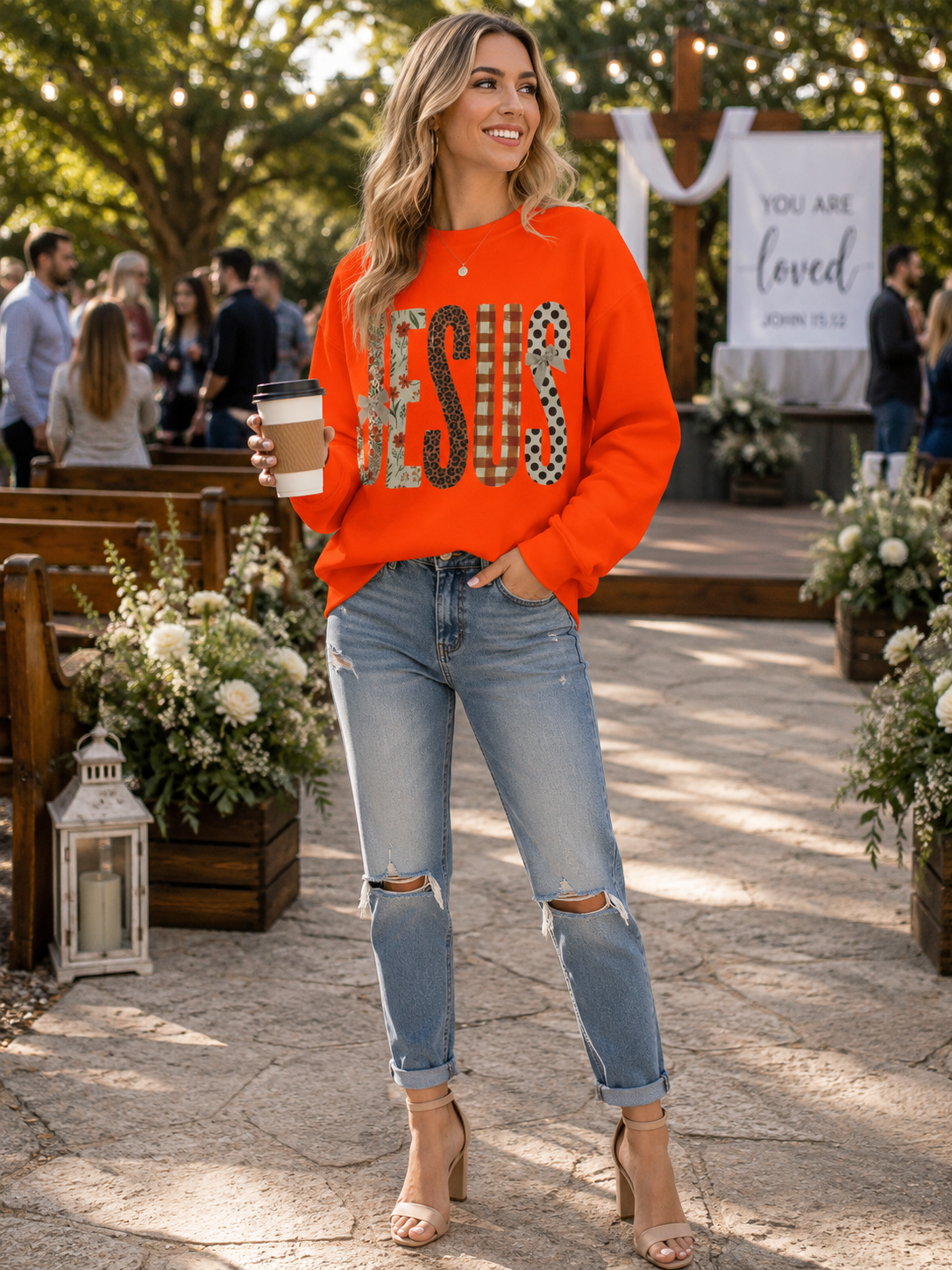 Faith-Inspired Gildan Sweatshirt – JESUS Patchwork Graphic Crewneck