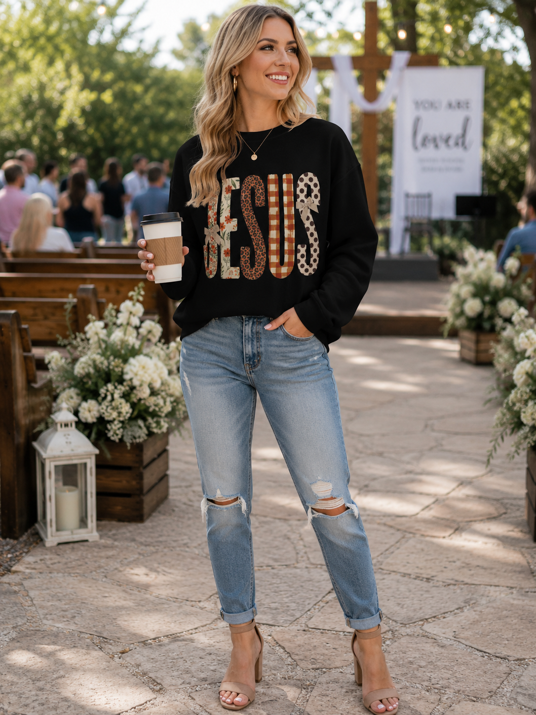 Faith-Inspired Gildan Sweatshirt – JESUS Patchwork Graphic Crewneck