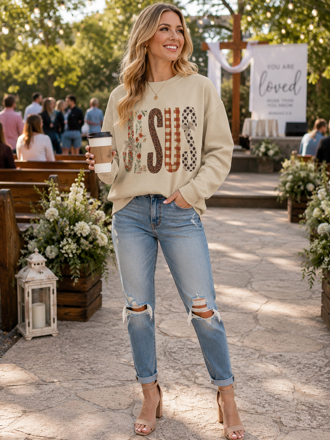 Faith-Inspired Gildan Sweatshirt – JESUS Patchwork Graphic Crewneck