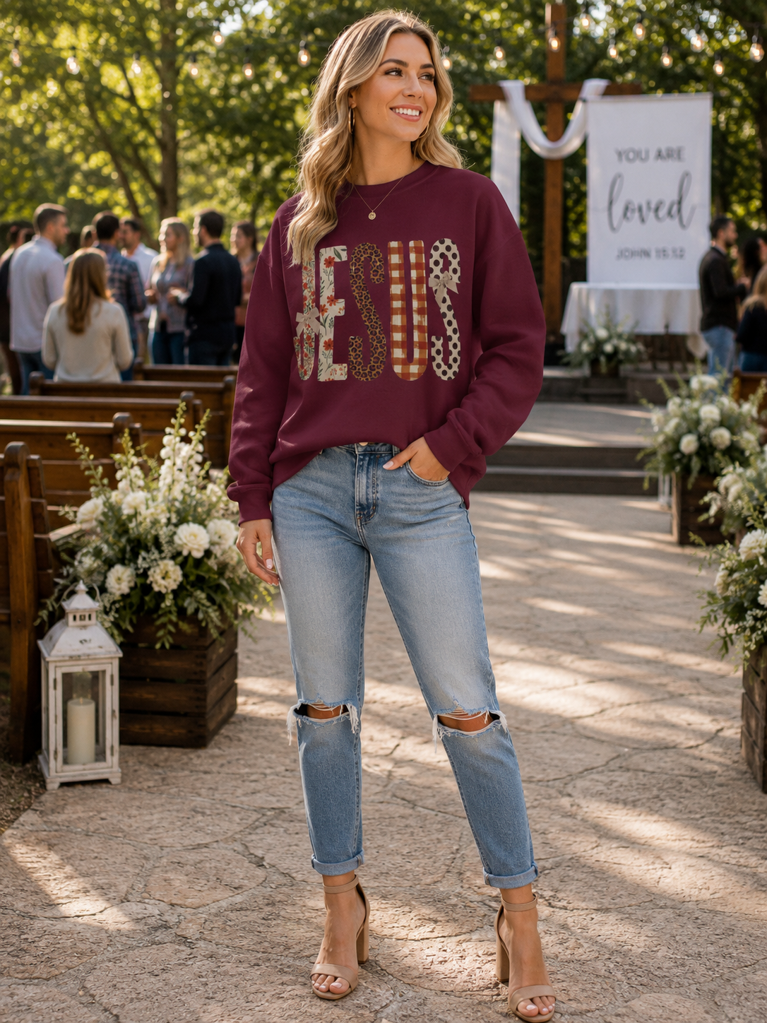 Faith-Inspired Gildan Sweatshirt – JESUS Patchwork Graphic Crewneck