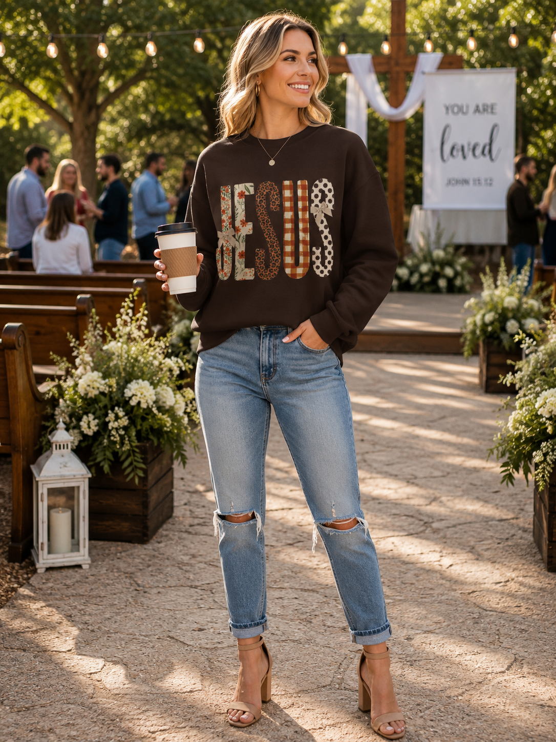 Faith-Inspired Gildan Sweatshirt – JESUS Patchwork Graphic Crewneck