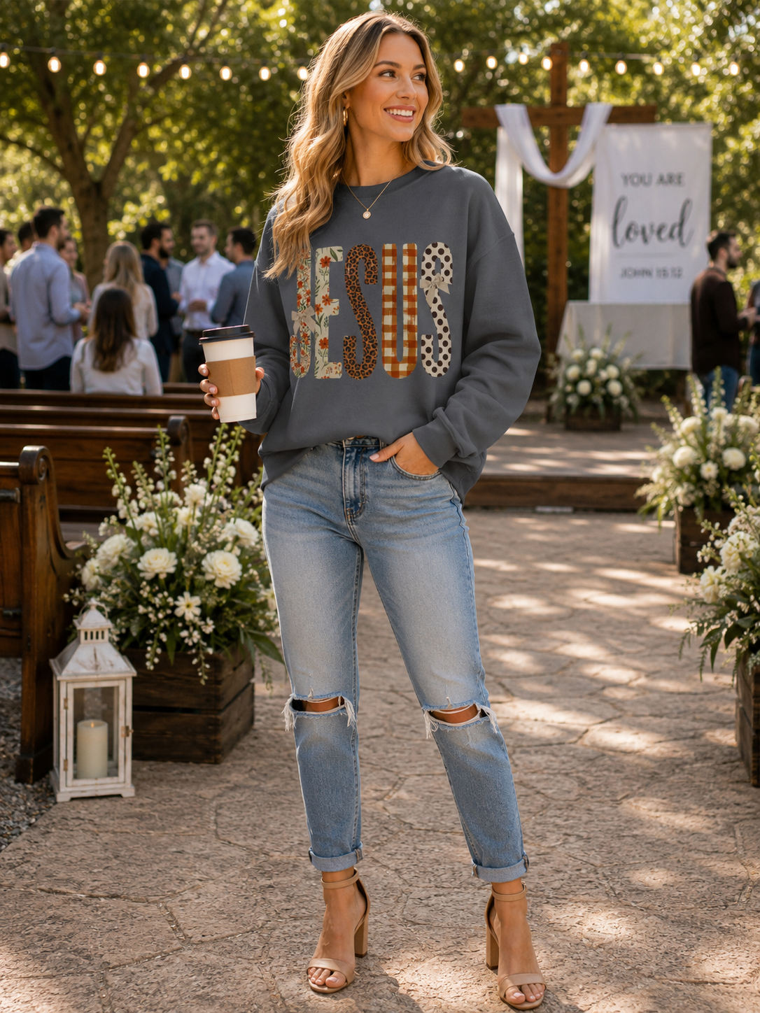 Faith-Inspired Gildan Sweatshirt – JESUS Patchwork Graphic Crewneck