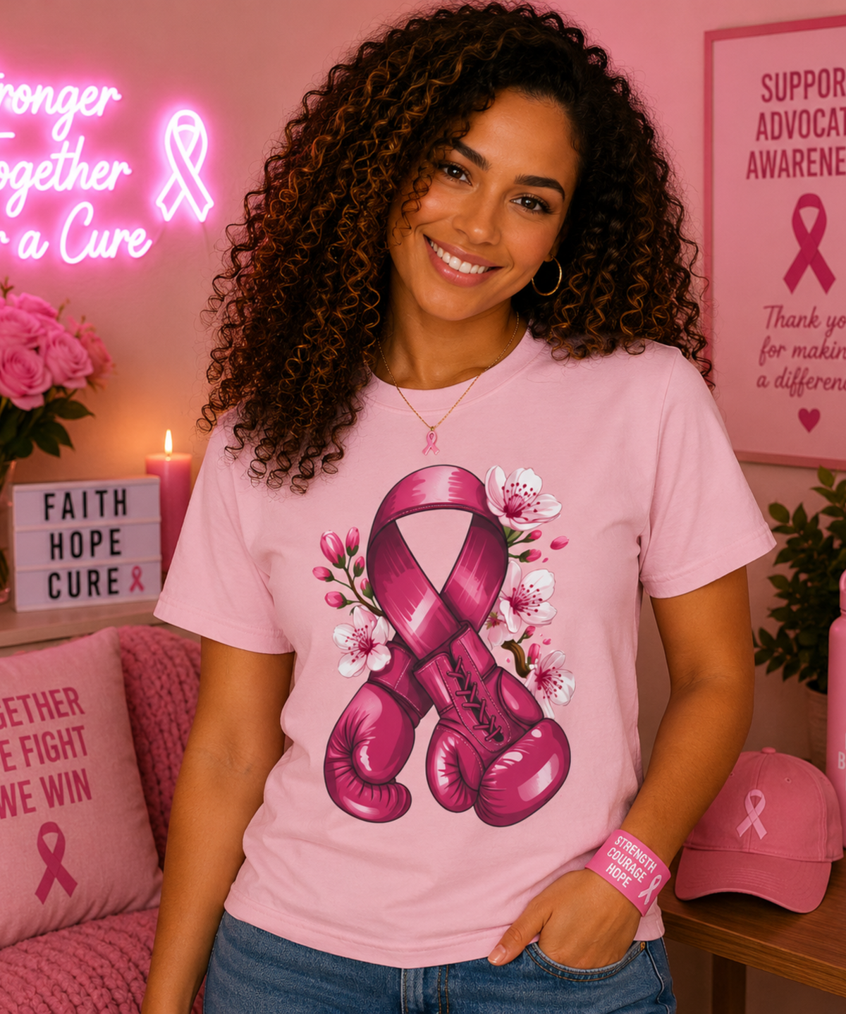 Comfort Colors® Breast Cancer Awareness T-Shirt – Pink Ribbon Boxing Gloves Graphic