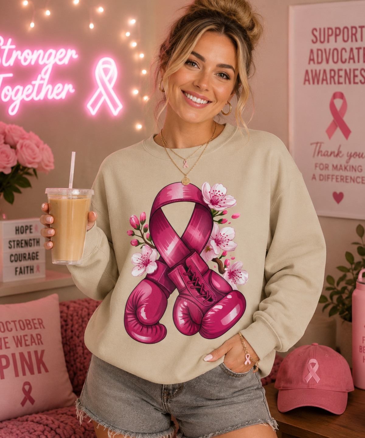 Pink Ribbon Boxing Gloves Gildan Sweatshirt – Breast Cancer Awareness