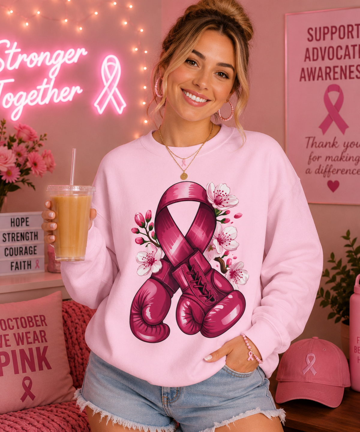 Pink Ribbon Boxing Gloves Gildan Sweatshirt – Breast Cancer Awareness