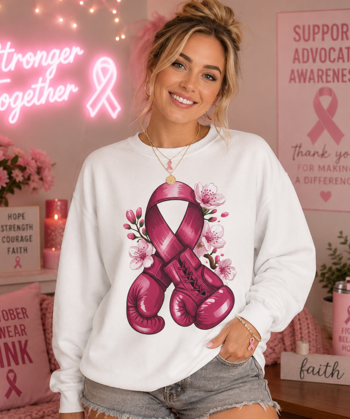 Pink Ribbon Boxing Gloves Gildan Sweatshirt – Breast Cancer Awareness