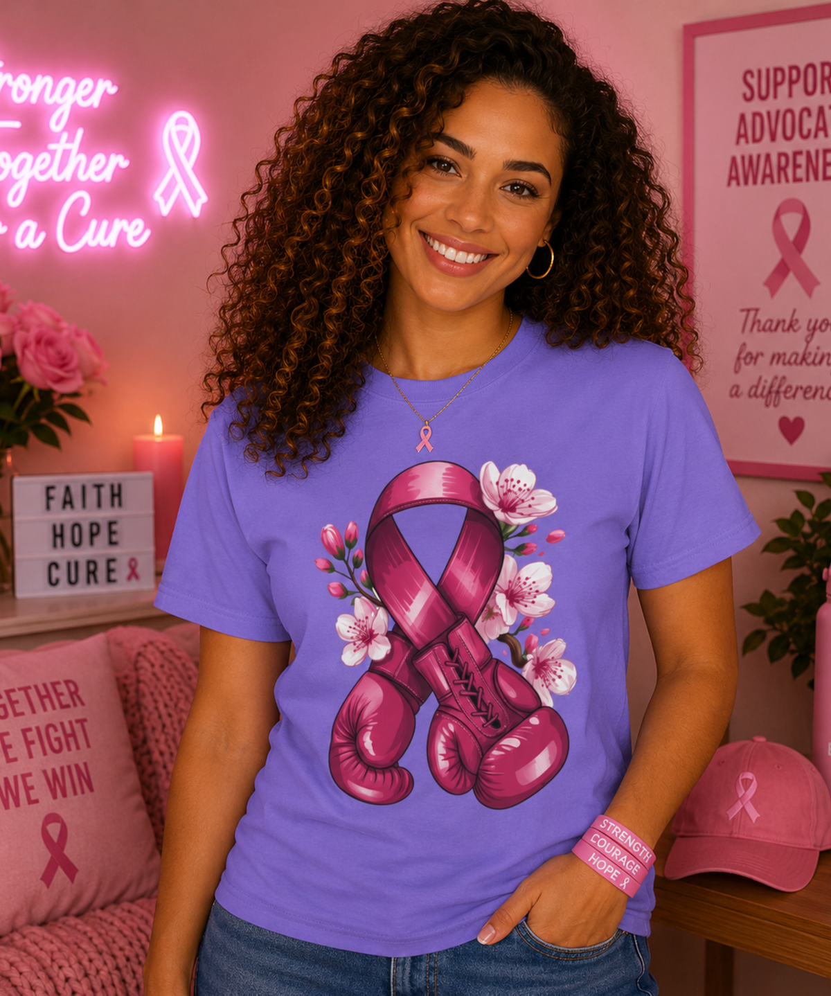 Comfort Colors® Breast Cancer Awareness T-Shirt – Pink Ribbon Boxing Gloves Graphic