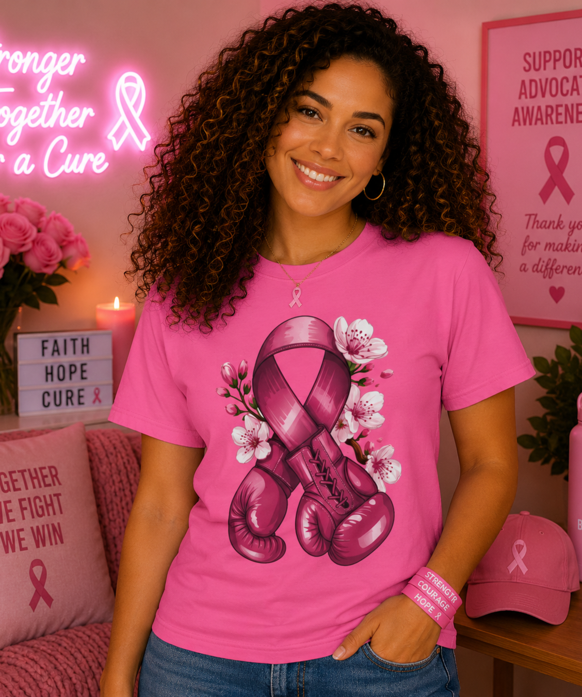 Comfort Colors® Breast Cancer Awareness T-Shirt – Pink Ribbon Boxing Gloves Graphic