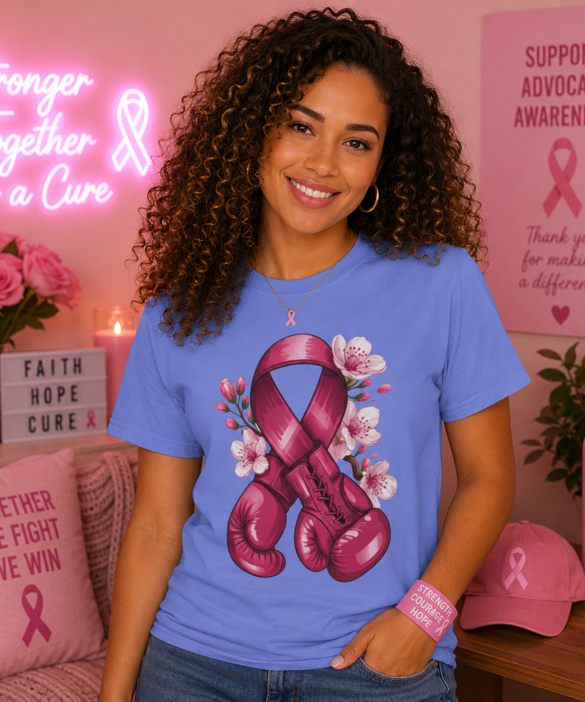 Comfort Colors® Breast Cancer Awareness T-Shirt – Pink Ribbon Boxing Gloves Graphic