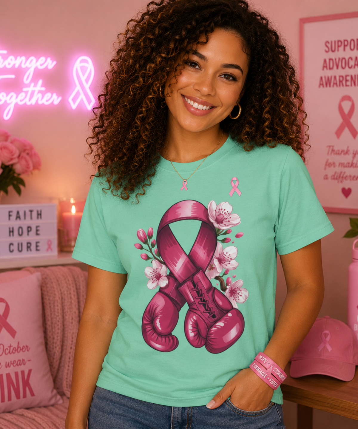 Comfort Colors® Breast Cancer Awareness T-Shirt – Pink Ribbon Boxing Gloves Graphic