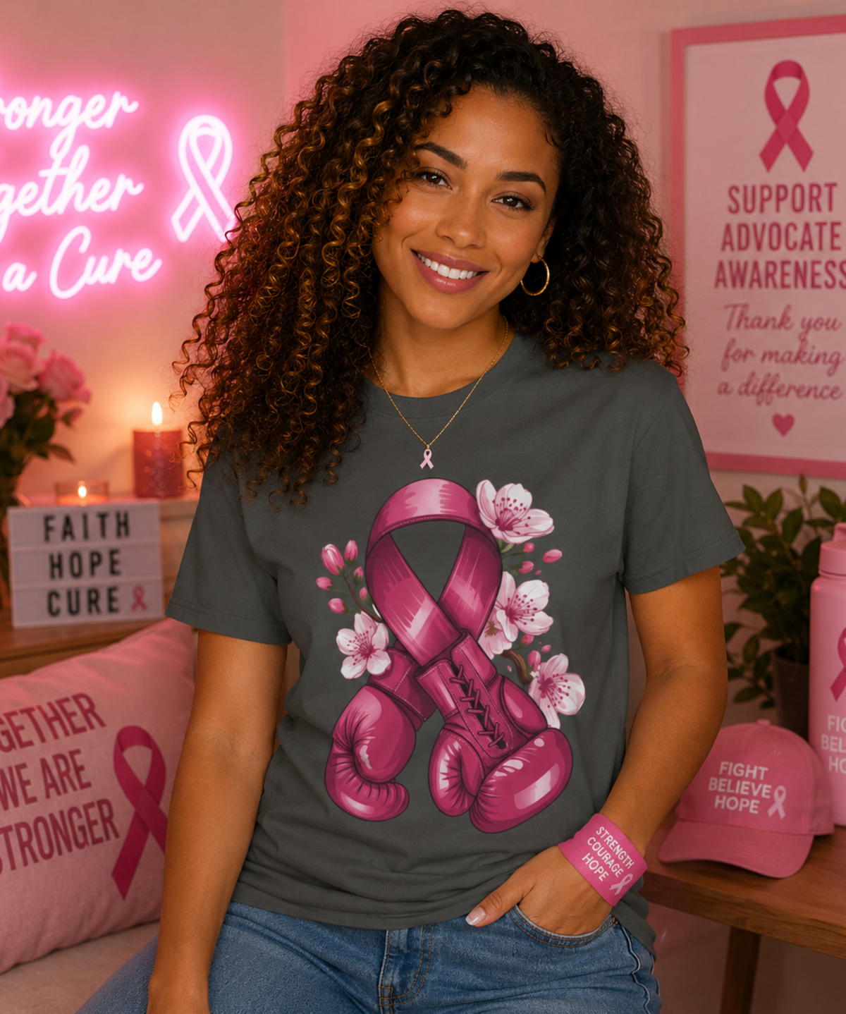 Comfort Colors® Breast Cancer Awareness T-Shirt – Pink Ribbon Boxing Gloves Graphic