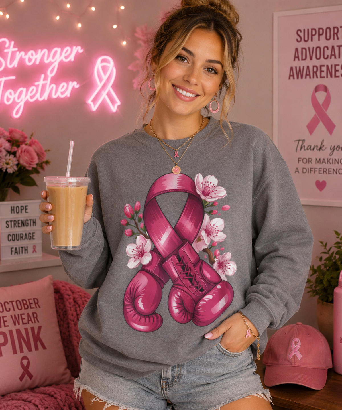Pink Ribbon Boxing Gloves Gildan Sweatshirt – Breast Cancer Awareness