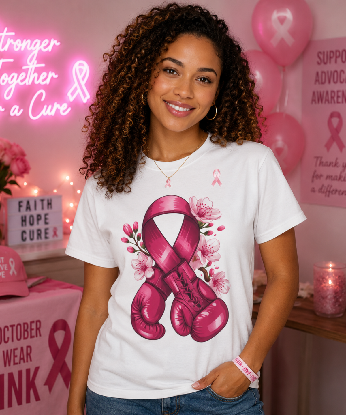 Comfort Colors® Breast Cancer Awareness T-Shirt – Pink Ribbon Boxing Gloves Graphic