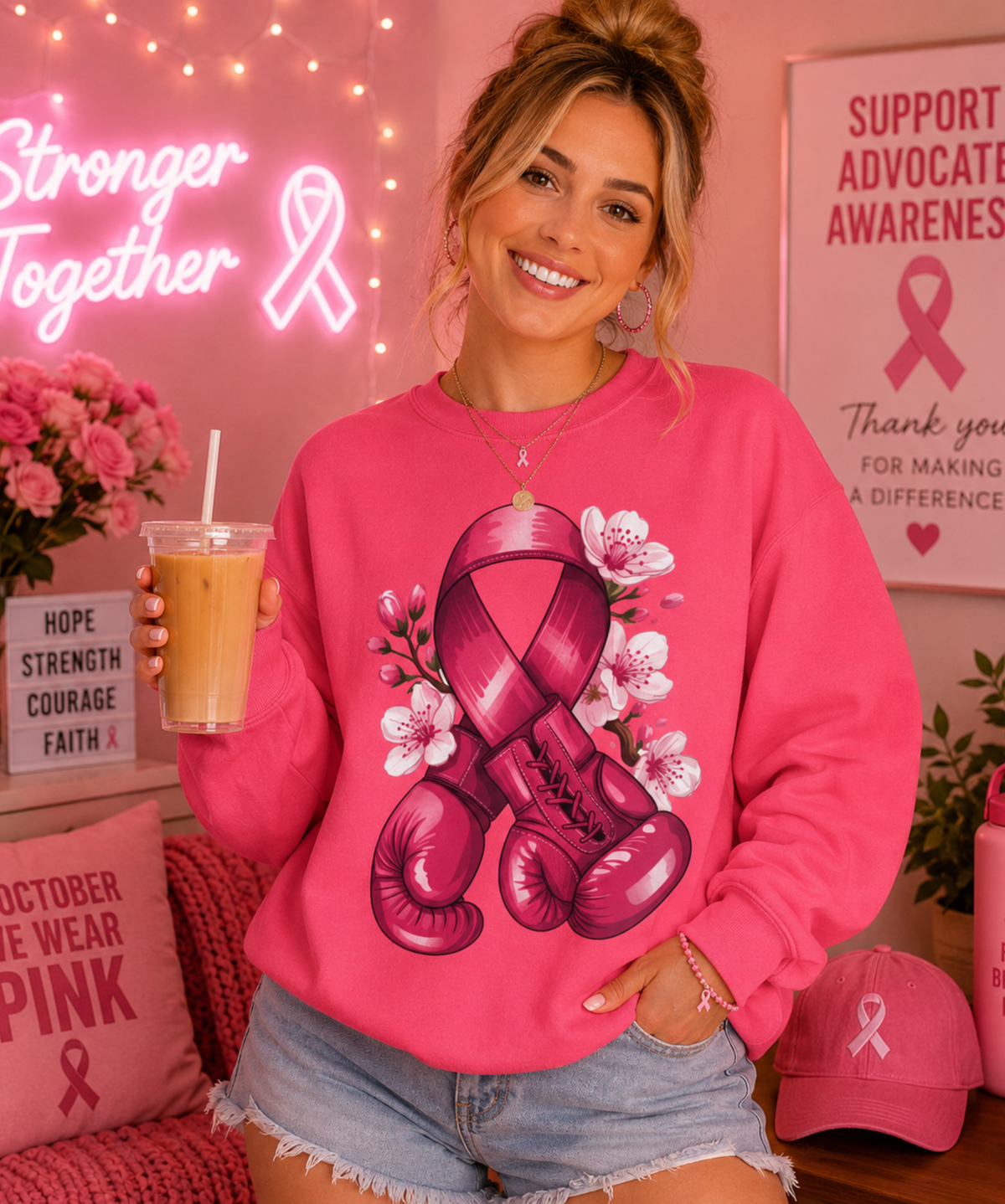 Pink Ribbon Boxing Gloves Gildan Sweatshirt – Breast Cancer Awareness